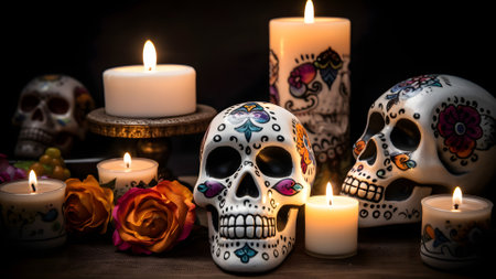 ornate white sculls with candles and flowers for Dia de los muertos or day of the dead celebration, neural network generated imageの素材