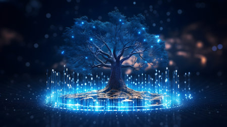 concept of network connection technology or big data as blue cyber tree, neural network generated imageの素材