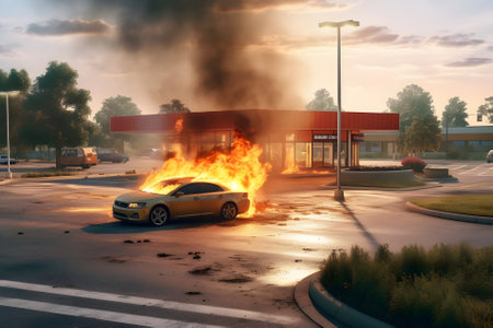 A car is on fire in a parking lot at summer morning, neural network generated imageの素材