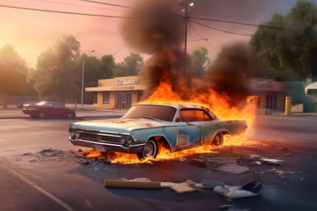 A classic car is on fire in a parking lot at summer evening, neural network generated imageの素材