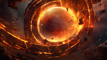 A spiral of fire with a planet in the background, neural network generated imageの素材