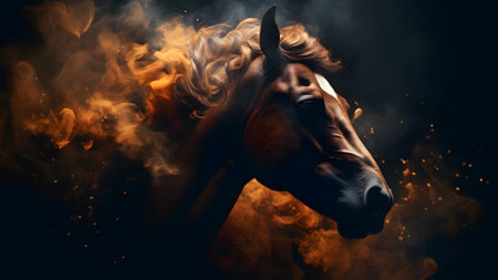 artisticly lit horse head with smoke and fumes on black background, neural network generated imageの素材