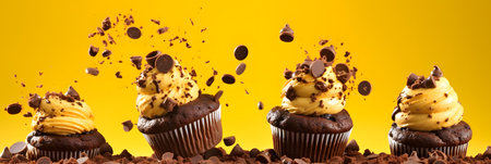 Flying chocolate muffins, or cupcakes on yellow background, neural network generated photorealistic imageの素材