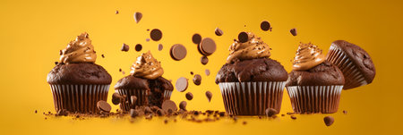 Flying chocolate muffins, or cupcakes on yellow background, neural network generated photorealistic imageの素材