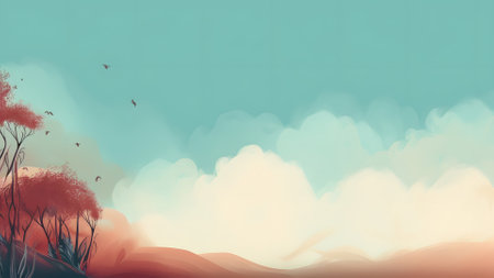 A painting of a landscape with trees and birds flying in the sky, neural network generated imageの素材