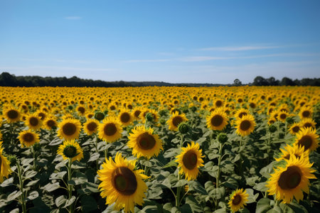 A field of sunflowers with a clear blue sky in the background, neural network generated imageの素材