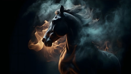 artisticly lit horse head with smoke and fumes on black background, neural network generated imageの素材