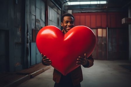 smiling African American man holding big red heart at day time with industrial warehouse background, neural network generated photorealistic imageの素材