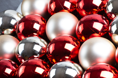 Christmas mirror balls, full frame background of red, silver and white, close-up.の写真素材