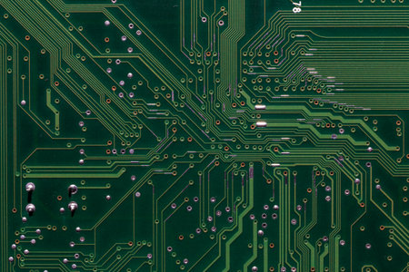 back side of green digital circuit board - flat full-frame background and textureの写真素材