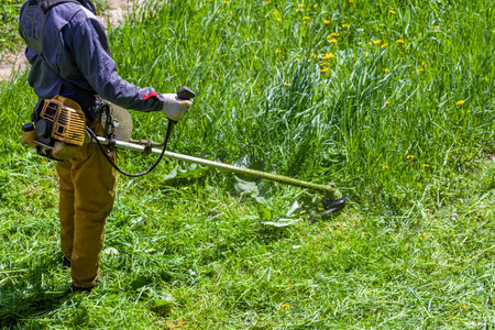 lawnmower man with string trimmer trimming grass at sunny dayの写真素材