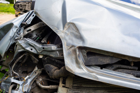 silver car nose smashed in an accident at day timeの写真素材