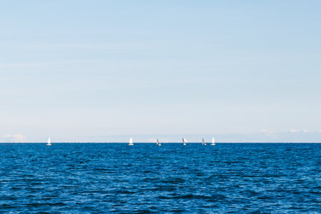 group of sailing boats on lakeの写真素材