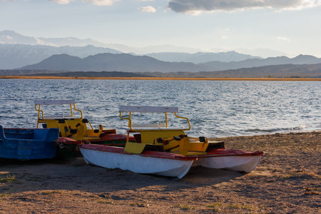 old pedal catamarans on beach of mountain lake at sunny autumnal afternoonの写真素材