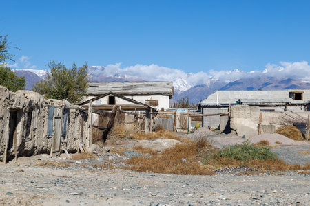 rustic Kyrgyz houses in front of snow covered mountains in the backgroundの写真素材