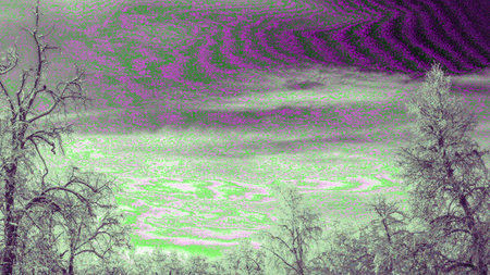 glitchy landscape of frost-covered winter trees with green and purple moire and weird colorの写真素材