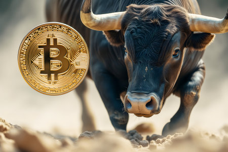 Running bull and bitcoin shiner for crypto bull run concept.の素材