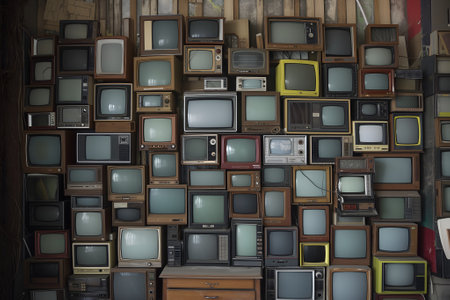 Many old analog tv sets stacked along the wall.の素材
