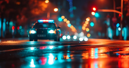 defocused police car with flashing lights at night in city streetの素材