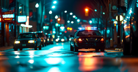 police car with flashing siren lights at night in city street with selective focus and bokehの素材