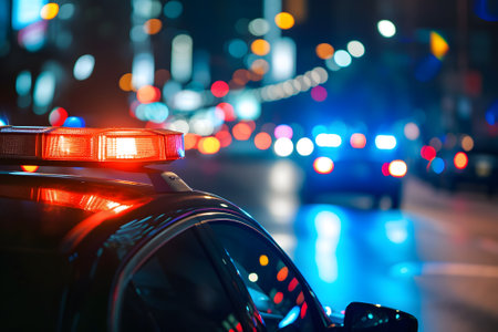 police car lights at night in city street with selective focus and bokehの素材