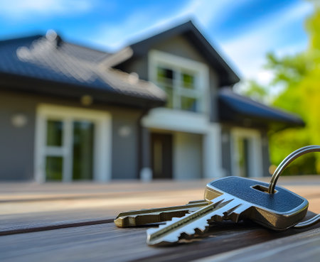 Keys in front of new house at sunny summer dayの素材