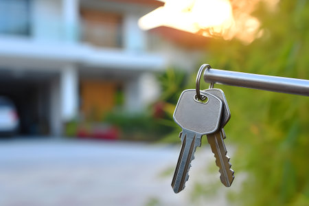 Keys in front of new house at sunny summer morning or eveningの素材