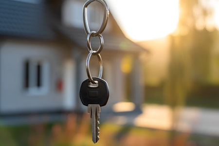 Keys in front of new house at sunny summer morning or eveningの素材