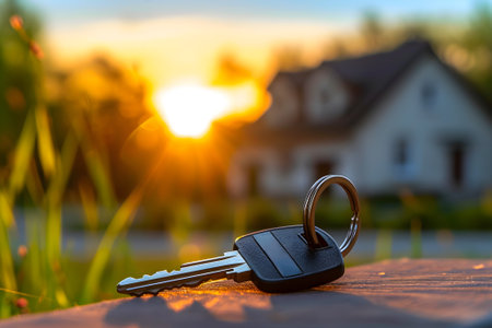Keys in front of new house at sunny summer morning or eveningの素材