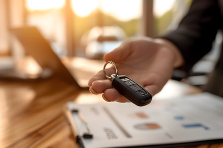 car dealer hand giving an automobile key fob above table with blurred laptop and paper documentの素材