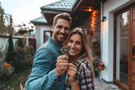Young adult couple bought a new home and holding its key in front of the house.の素材