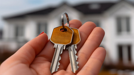 Hand holding keys in front of new houseの素材