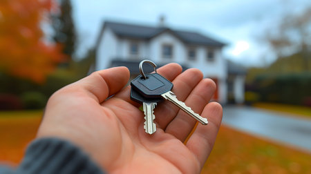 Hand holding keys in front of new houseの素材