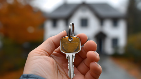 Hand holding keys in front of new houseの素材