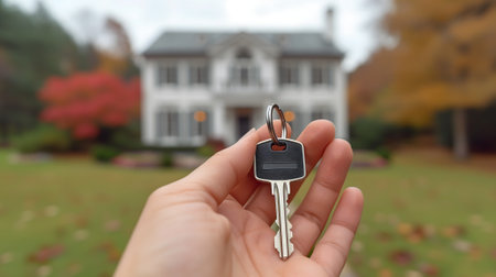 Hand holding keys in front of new houseの素材