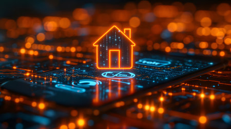 House hologram over cellphone in futuristic digital backgroundの素材