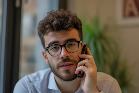 young adult Caucasian business man answering to mobile phone callの素材