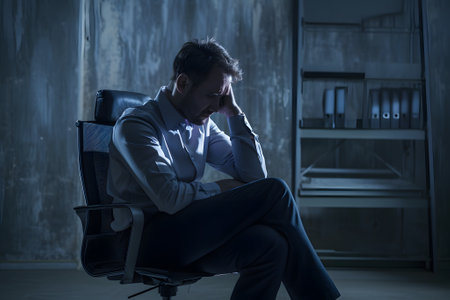 Businessman seated in his chair in frustration and stressの素材