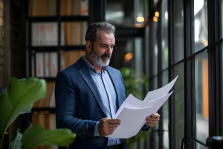 Busy middle aged executive manager holding documentの素材