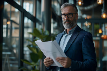 Busy middle aged executive manager holding documentの素材