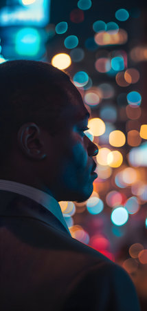 Close up of a young successful African American businessman looking at the night city with professional cinematic lightの素材