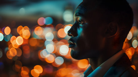 Close up of a young successful African American businessman looking at the night city with professional cinematic lightの素材