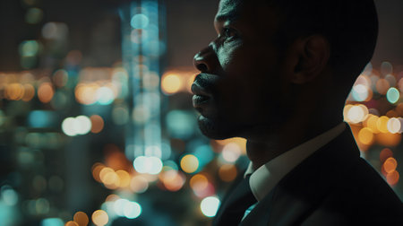Close up of a young successful African American businessman looking at the night city with professional cinematic lightの素材