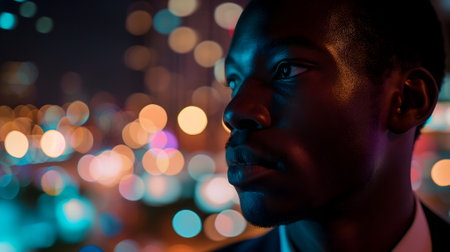 Close up of a young successful African American businessman looking at the night city with professional cinematic lightの素材