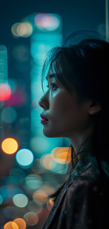 Close up of a young successful Asian business woman looking at the night city with professional cinematic lightの素材