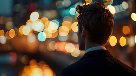 Close up of a young successful Caucasian business man looking at the night city with professional cinematic lightの素材