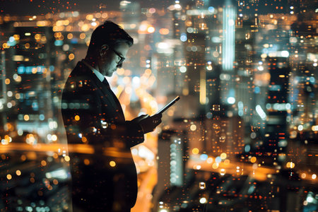 Double exposure of business and a city - Caucasian businessman using a digital tablet superimposed on a city skylineの素材