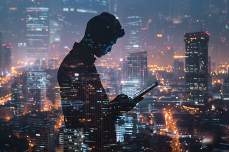 Double exposure of business and a city - Asian businessman using a digital tablet superimposed on a city skylineの素材