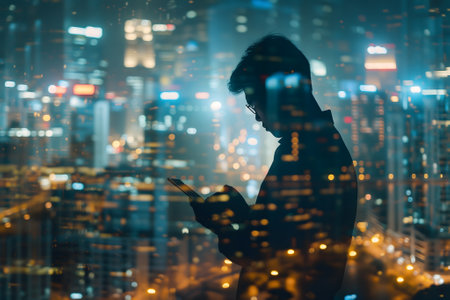 Double exposure of business and a city - Asian businessman using a digital tablet superimposed on a city skylineの素材