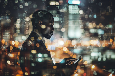 Double exposure of business and a city - African American businessman using a digital tablet superimposed on a city skylineの素材
